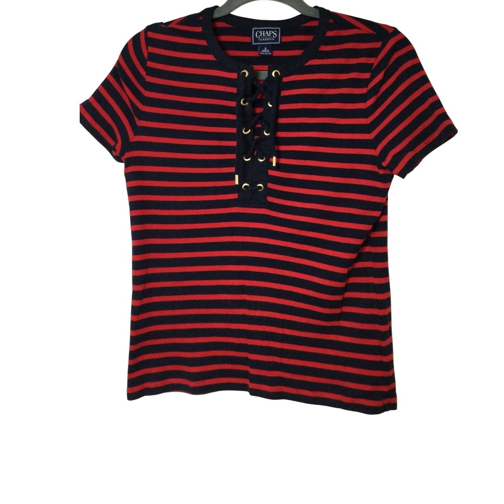 Chaps Classics Striped Knit Top Lace Up Nauticalโ Tee Shirt Red Blue S (228)